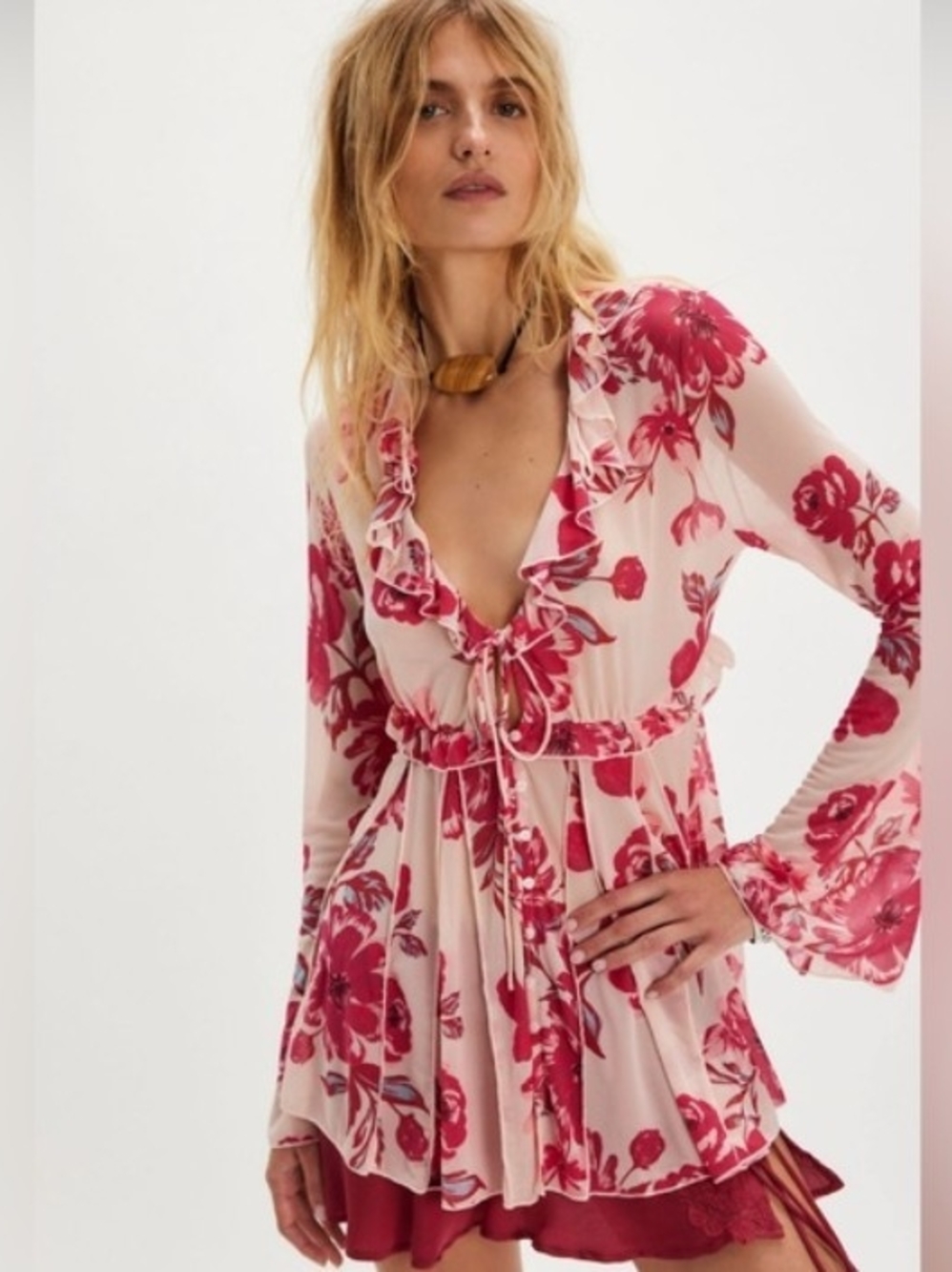 Free People Wildest Dreams Blush Pink Floral Long-Sleeve Tunic Size XS